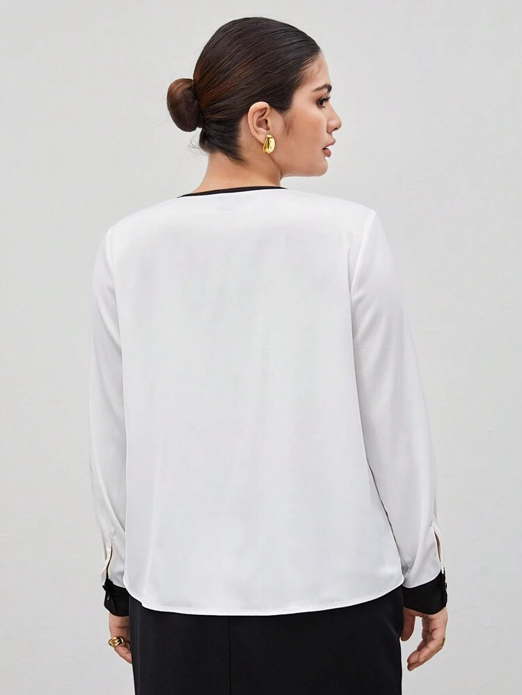 Plus Size Women's Work Color Block Shirt Contrasting Colors With Rolled Sleeve And Notched Collar