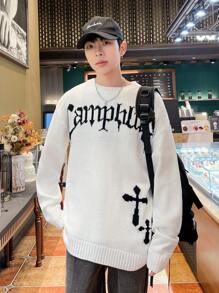 Manfinity Roghcode Men'S Letter Pattern Drop Shoulder Long Sleeve Sweater