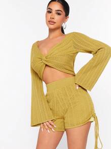 Hauture Pointelle Knit Top & Shorts Set - Mustard Yellow - View 1