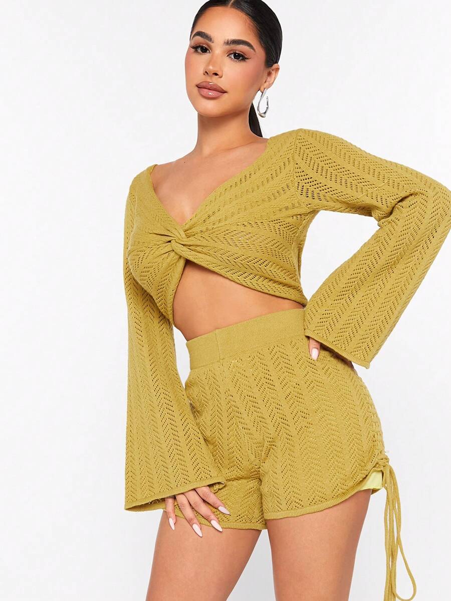 Hauture Pointelle Knit Top & Shorts Set - Mustard Yellow - View 1