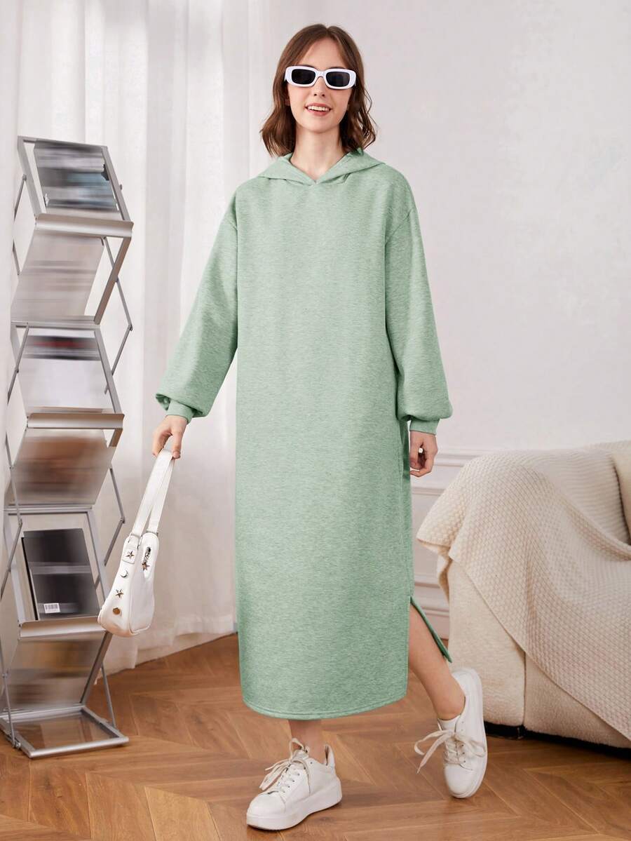 SHEIN 少女們的針織純色連帽長裙,開叉下擺休閒長裙 - 薄荷綠 - 查看 1