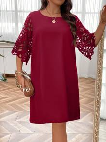 SHEIN LUNE 大尺碼女士露肩七分袖直身裙 - 酒紅色 - 查看 6