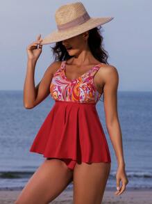 SHEIN Swim Summer Paisley Print Ruffled Hem Tank Top And Triangle Bottom Tankini Set - Multicolor - View 5