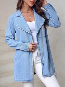 SHEIN LUNE Zipper Front Long Sleeve Denim Jacket - Blue - View 3