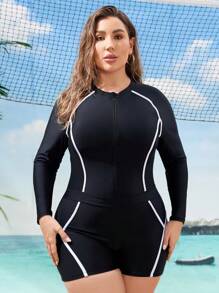 Swim SPRTY Kích thước lớn Màu sắc Phù hợp Cắt tỉa Tay áo dài Áo tắm một mảnh - Đen và trắng - Xem 1