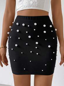 SHEIN Privé Falda Lápiz Negra De Cintura Alta Con Detalle De Drapeado Y Cuentas Para Mujeres, Ideal Para El Desplazamiento - Negro - Ver 6