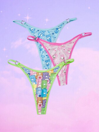 ROMWE X Care Bears 3 Piezas/set Tanga Impresa Con Dibujos Animados Y Accesorios Plateados En Forma De Corazón