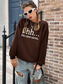 SHEIN EZwear 女款標語印花圓領運動衫 - 巧克力棕 - 查看 5