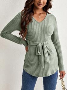 SHEIN Maternidad Camiseta tejida de canalé con cinturón - Verde militar - Ver 3