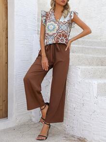 SHEIN Frenchy Viền Ruffle Hoa Áo Và Thắt lưng Quần Bộ - màu nâu - Xem 3