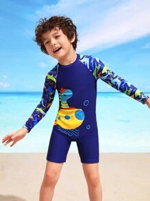 Traje De Baño Para Niño Con Estampado De Dibujos Animados De Una Pieza Y Pantalones - Multicolor - Ver 1