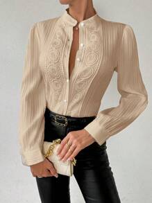 RosyDaze 蕾丝拼接长袖衬衫，长袖上衣 - 卡其色 - 查看 4