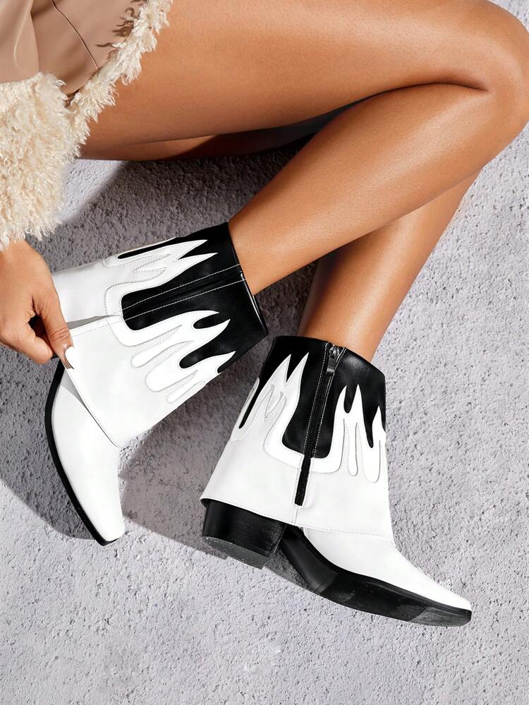 Colorblock Fire Pattern Chunky Heeled Boots