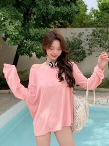 DAZY 1pc Long Sleeve Semi-Sheer Cover Up Summer,Beach Women Outfits