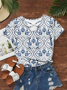 SHEIN VCAY Women's Floral Printed Short Sleeve T-Shirt - White - View 6