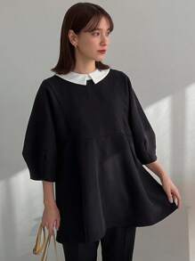 FRIFUL Blusa de manga farol con cuello Peter Pan y bloques de color, Blusa de manga larga con volantes - Negro - Ver 4