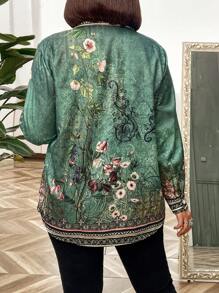 EMERY ROSE Plus Size Women's Botanical Print Long Sleeve Blouse/Shirt - Green - View 2