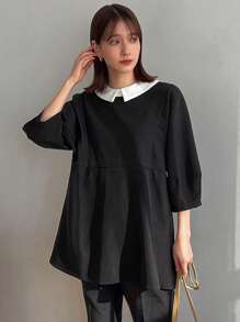 FRIFUL Blusa de manga farol con cuello Peter Pan y bloques de color, Blusa de manga larga con volantes - Negro - Ver 5