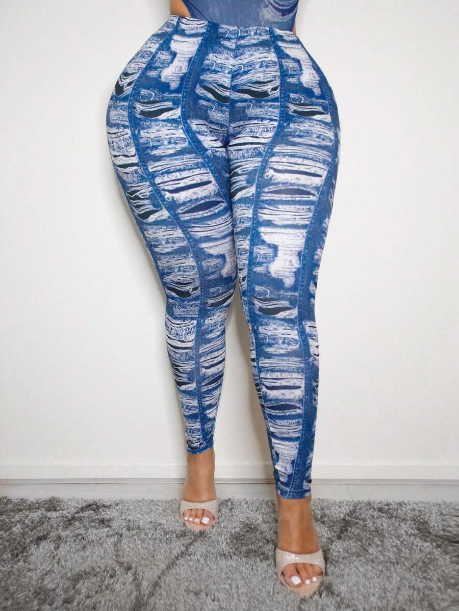 SHEIN SXY 大尺碼女士牛仔臨場打底褲性感外出俱樂部套裝 - 彩色 - 查看 1