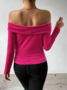 SHEIN Privé 玫瑰絲絨露肩女款 T 卹 - 玫紅色 - 查看 2