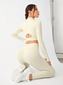 Yoga Basic Bộ quần dài thể thao hở lưng tay dài cho nữ - Màu be - Xem 1