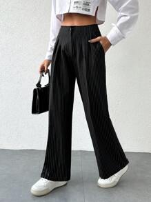 EURMUSE Women's Striped Pleated Straight Leg Pants - Black - View 3