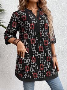 EMERY ROSE Plus Size Women's Geometric Pattern Notched Collar Blouse Women Shirt - Brown - View 5