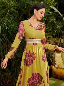 Divindia Women's Floral Print Lantern Sleeve Style Dress