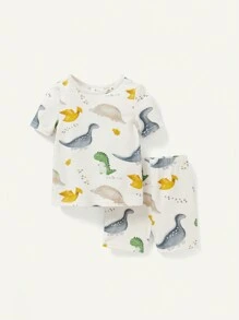 Cozy Pixies Bộ Pyjama vừa vặn cho bé trai với áo cổ tròn tay ngắn in hình khủng long vui nhộn và quần short - Màu be - Xem 7