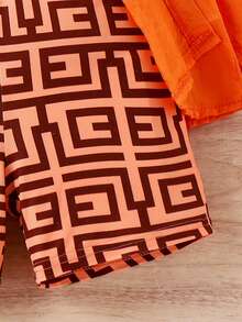 SHEIN 幼兒女孩春秋休閒街頭風格運動時尚酷襯衫與幾何印花吊帶連衣套裝 - 橘色 - 查看 7