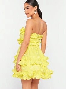 Hauture Floral Ruffle Frill Tube Dress - Yellow - View 2