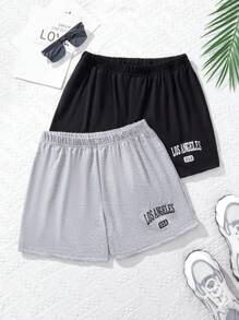 SHEIN 少女字母印花休閒短褲，運動風格，高腰設計，舒適透氣，親膚面料 - 彩色 - 查看 1