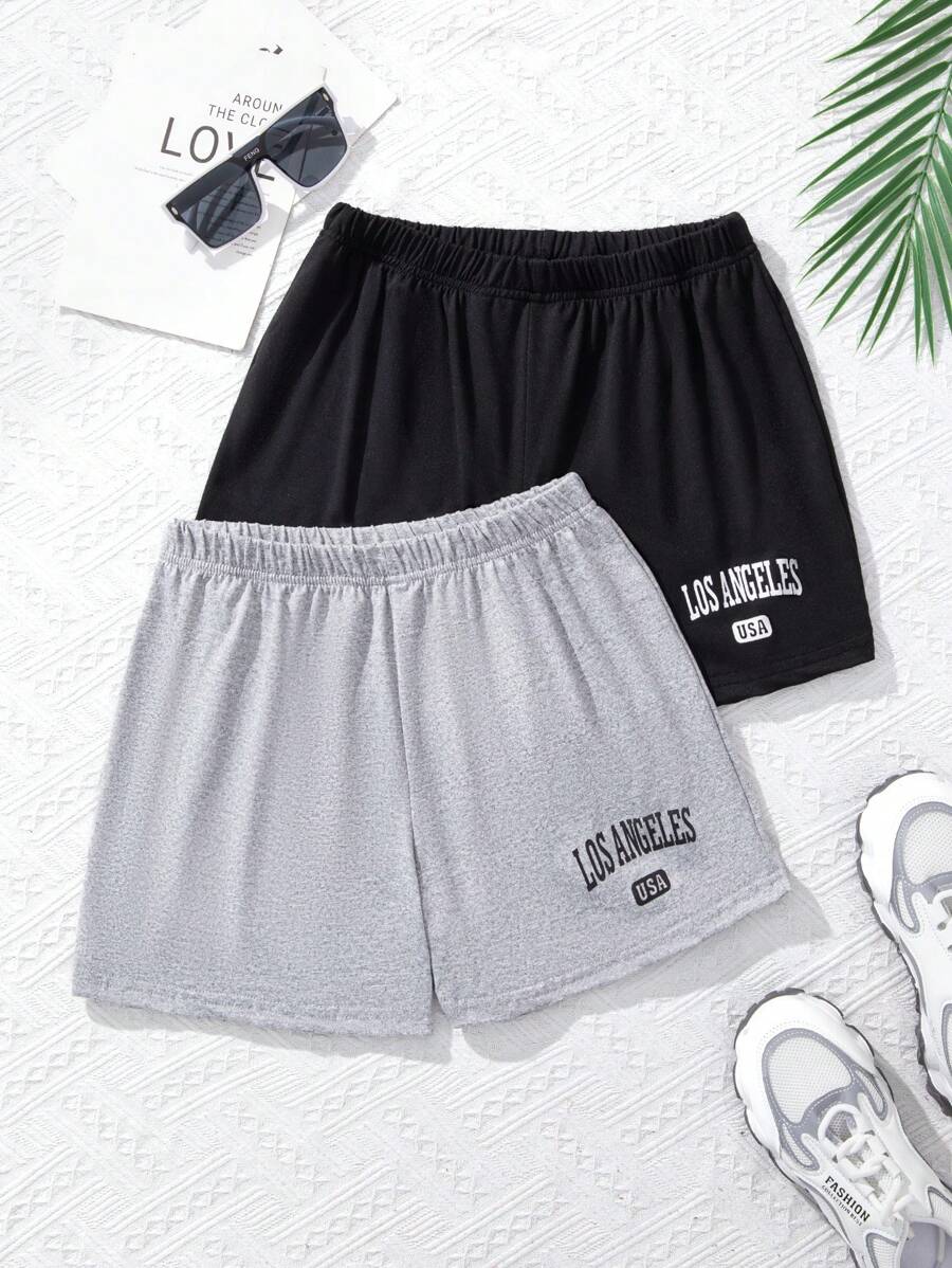 SHEIN 少女字母印花休閒短褲,運動風格,高腰設計,舒適透氣,親膚面料 - 彩色 - 查看 1