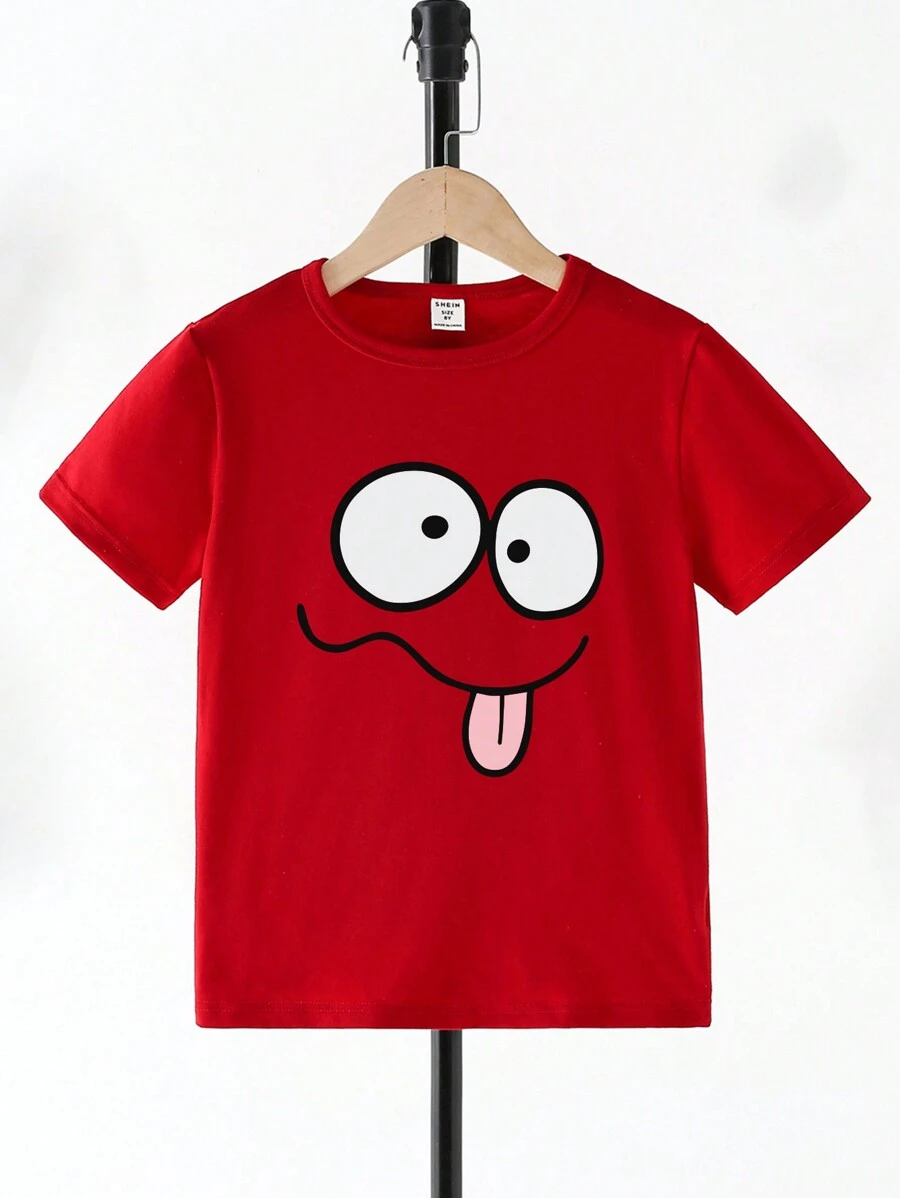 SHEIN Young Boy 1pc Cartoon Pattern Printed Short Sleeve T-Shirt - Burgundy - View 1
