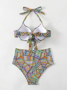 SHEIN Swim 条纹几何图案聚拢吊带比基尼上衣和三角比基尼套装狂欢夏日海滩 - 彩色 - 查看 6