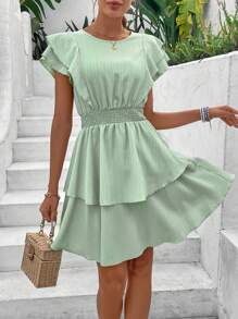 Chiquease Women'S Double Layered Ruffle Sleeve Waist Shirred Dress - Mint Green - View 5