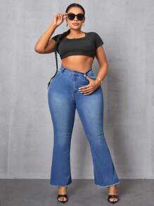 SHEIN SXY Jeans acampanados elásticos rotos talla grande - Azul - Ver 7