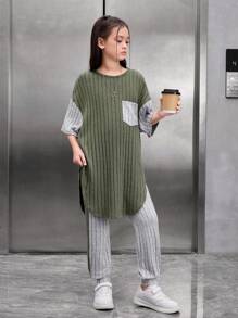 Cô gái Tween Lỏng lẻo Retro Áo chui đầu Dệt kim Vá lại Màu sắc Áo thun Và Quần Bộ - màu xanh lá - Xem 1