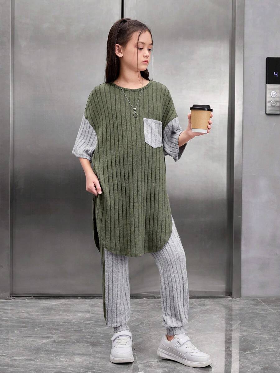 Cô gái Tween Lỏng lẻo Retro Áo chui đầu Dệt kim Vá lại Màu sắc Áo thun Và Quần Bộ - màu xanh lá - Xem 1