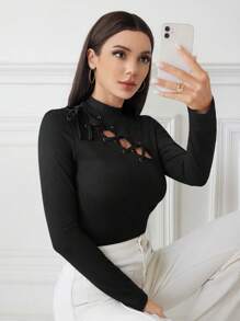 SHEIN Essnce Women's Stand Collar Tie Detail Long Sleeve T-Shirt - Black - View 1