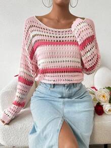 SHEIN LUNE Women's Striped Hollow Out Drop Shoulder Long Sleeve Sweater Knit Pullover Fall Winter Outfit - Pink - View 5