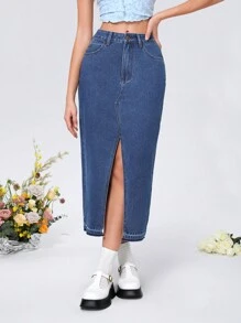 SHEIN MOD Falda Vaquera De Mujer Con Raja Frontal - Azul lavado oscuro - Ver 5