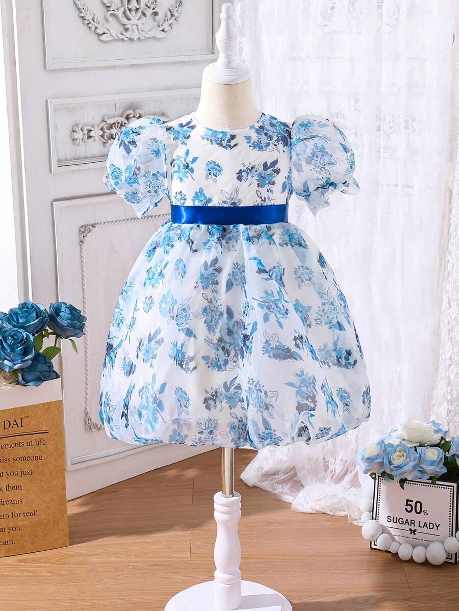 SHEIN Young Girl Floral Printed Puff Sleeve Dress - Blue - View 1