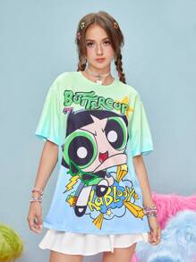 The Powerpuff Girls | ROMWE Camiseta de hombros caídos de ombré con estampado de dibujos animados - Multicolor - Ver 2