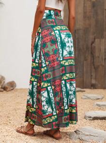 SHEIN BohoFeels 女士印花拼接長裙 - 綠色 - 查看 2