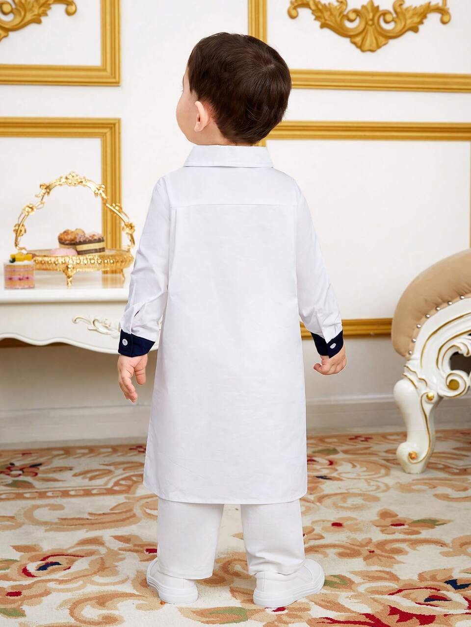 Baby Boys' Loose Fit Long Robe With Three-Color Collar And Long Sleeves
