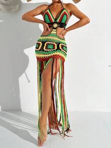 SHEIN Swim Summer Beach Women's Hollow Out Knitted Colorblock Tassel Cover Up - Multicolor - View 4