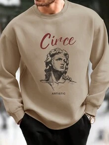 Manfinity Homme Loose Fit Men's Printed Portrait Round Neck Sweatshirt - Khaki - View 1