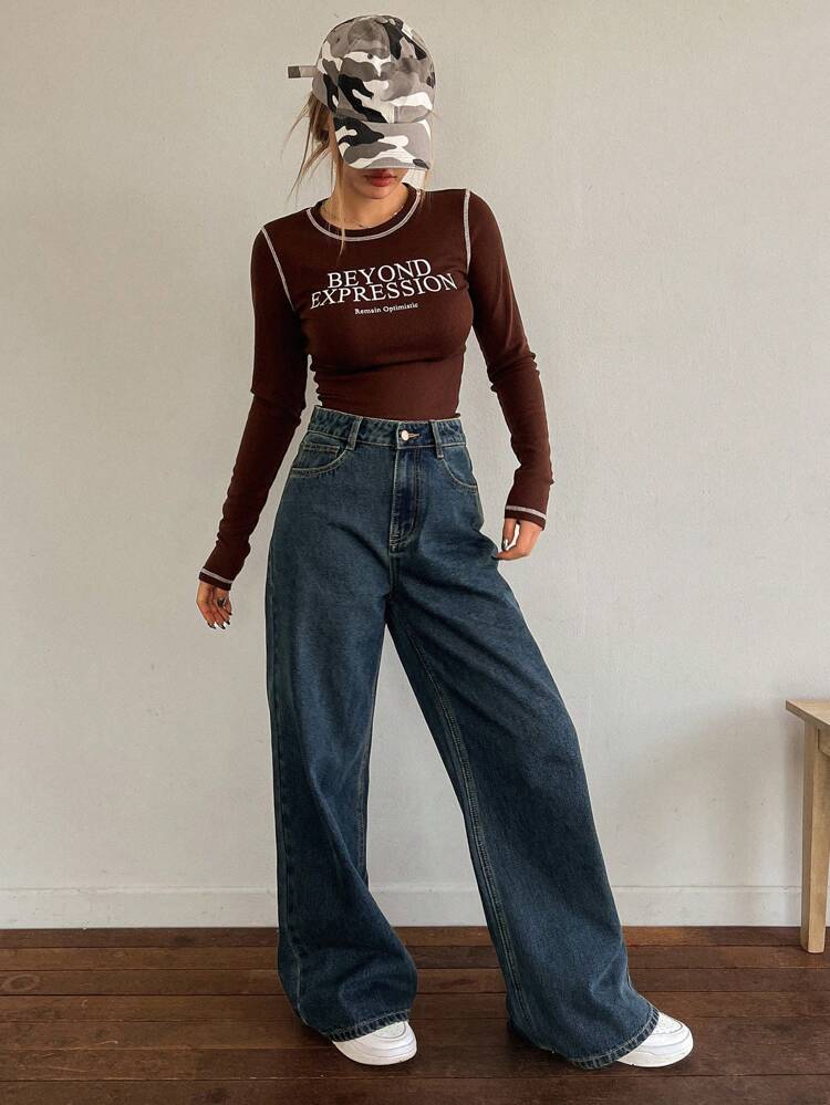 Solid Color High-Waisted Wide-Leg Women's Jeans With Ankle-Length,Baggy Jeans,Fall Clothes