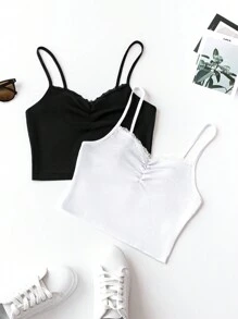 SHEIN Frenchy 女用褶襉拼布蕾絲吊帶背心 - 彩色 - 查看 1